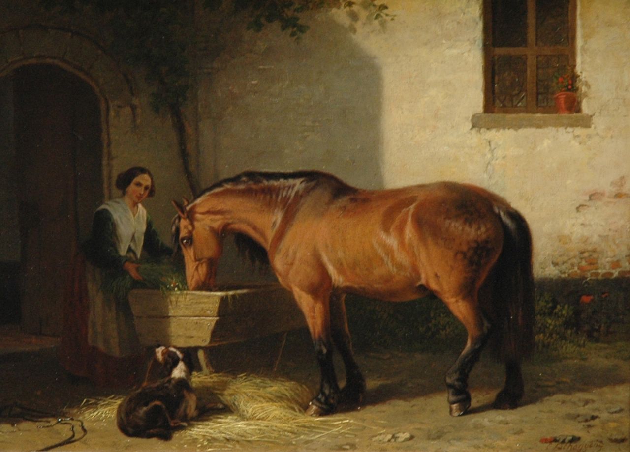 Tschaggeny C.P.  | Charles Philogène Tschaggeny, Feeding the horse, Öl auf Holz 19,0 x 25,3 cm, signed l.r.