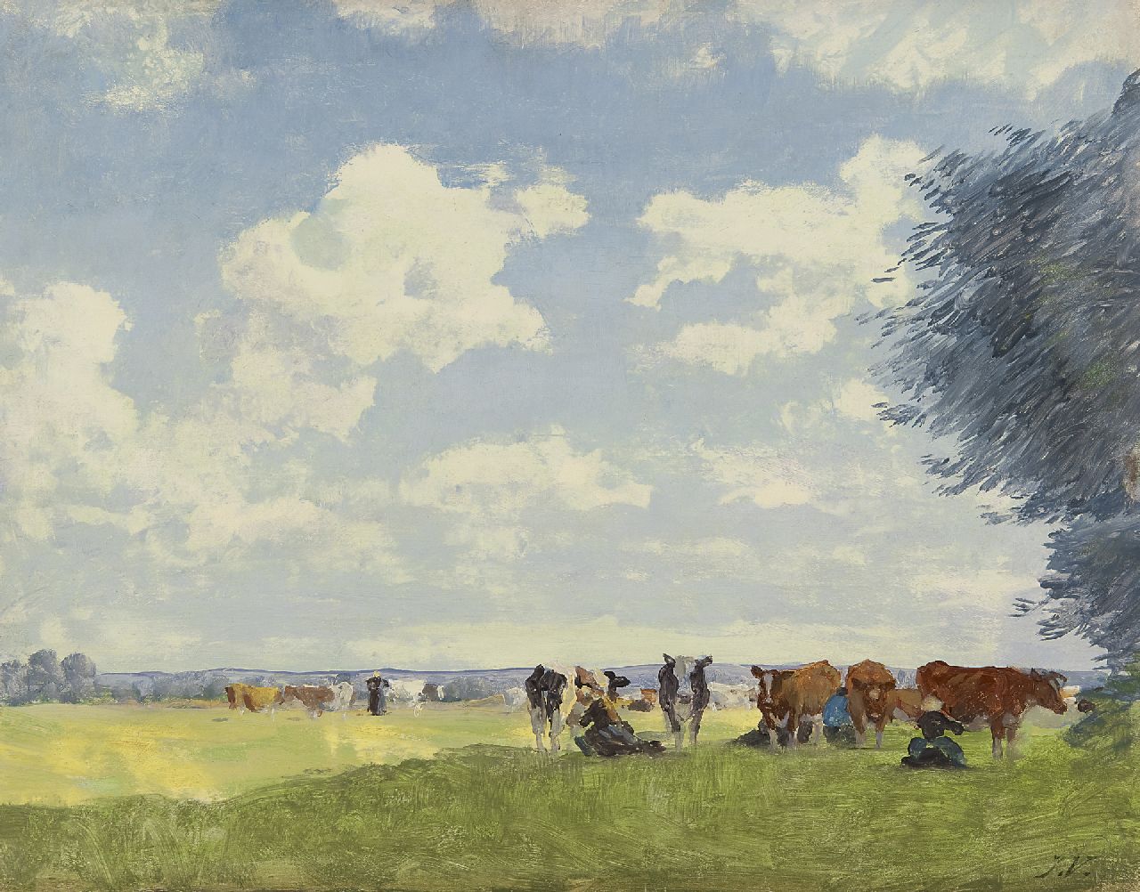 Voerman sr. J.  | Jan Voerman sr., Milking time in the shade, Öl auf Holz 32,3 x 41,2 cm, signed l.r. with initials