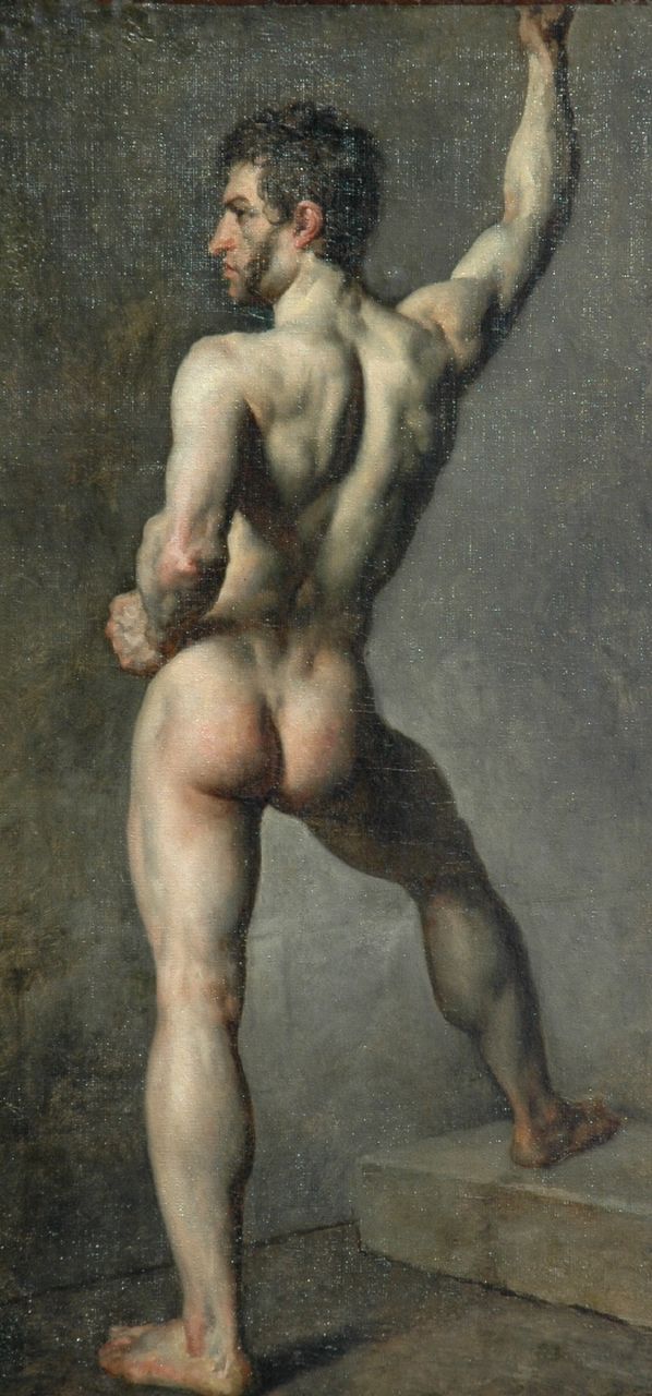 William Etty (toegeschreven aan) | Male nude, Öl auf Leinwand  auf Holzfaser, 89,8 x 43,5 cm
