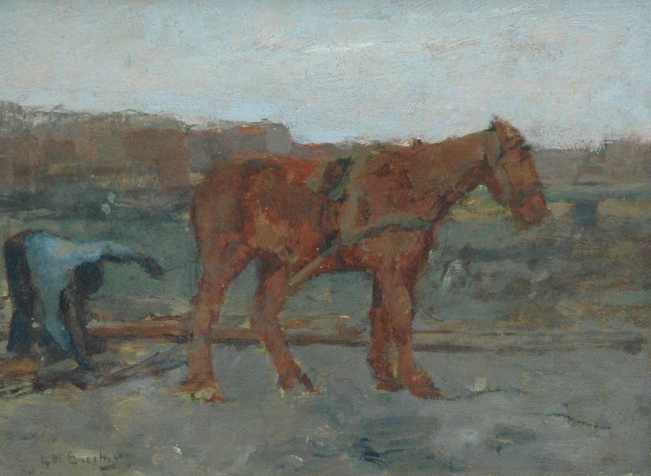 Breitner G.H.  | George Hendrik Breitner, Horse with towing line, Öl auf Holz 14,0 x 18,3 cm, signed l.l.