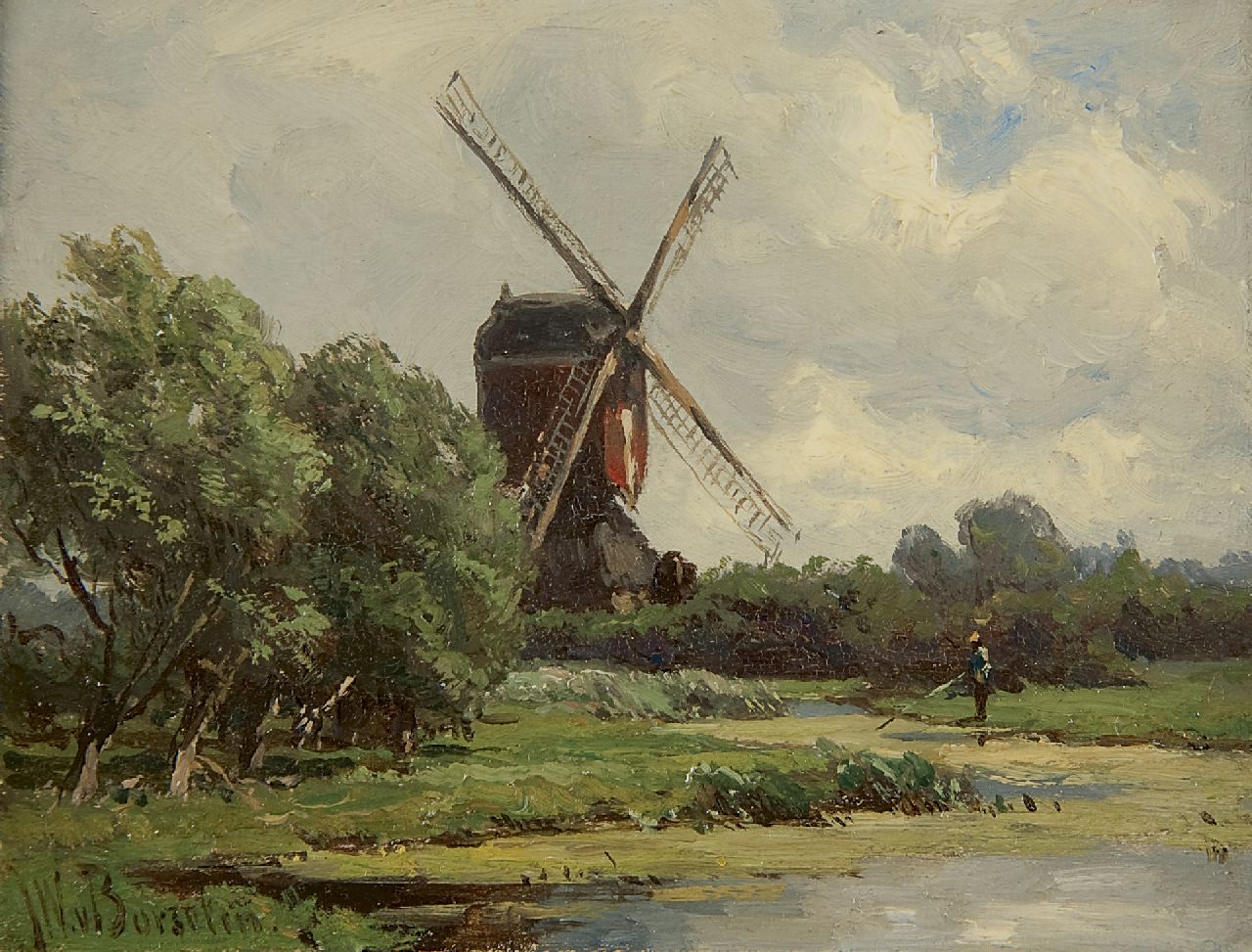 Borselen J.W. van | Jan Willem van Borselen, Windmill on the eastside of the polder 'Stolwijk' (near Gouda), Öl auf Holz 9,0 x 11,8 cm, signed l.l.