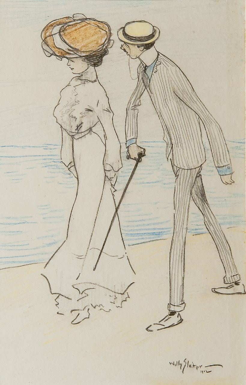 Sluiter J.W.  | Jan Willem 'Willy' Sluiter, A stroll along the beach, Schwarze und Farbkreide auf Papier 27,0 x 17,0 cm, signed l.r. und dated 1912
