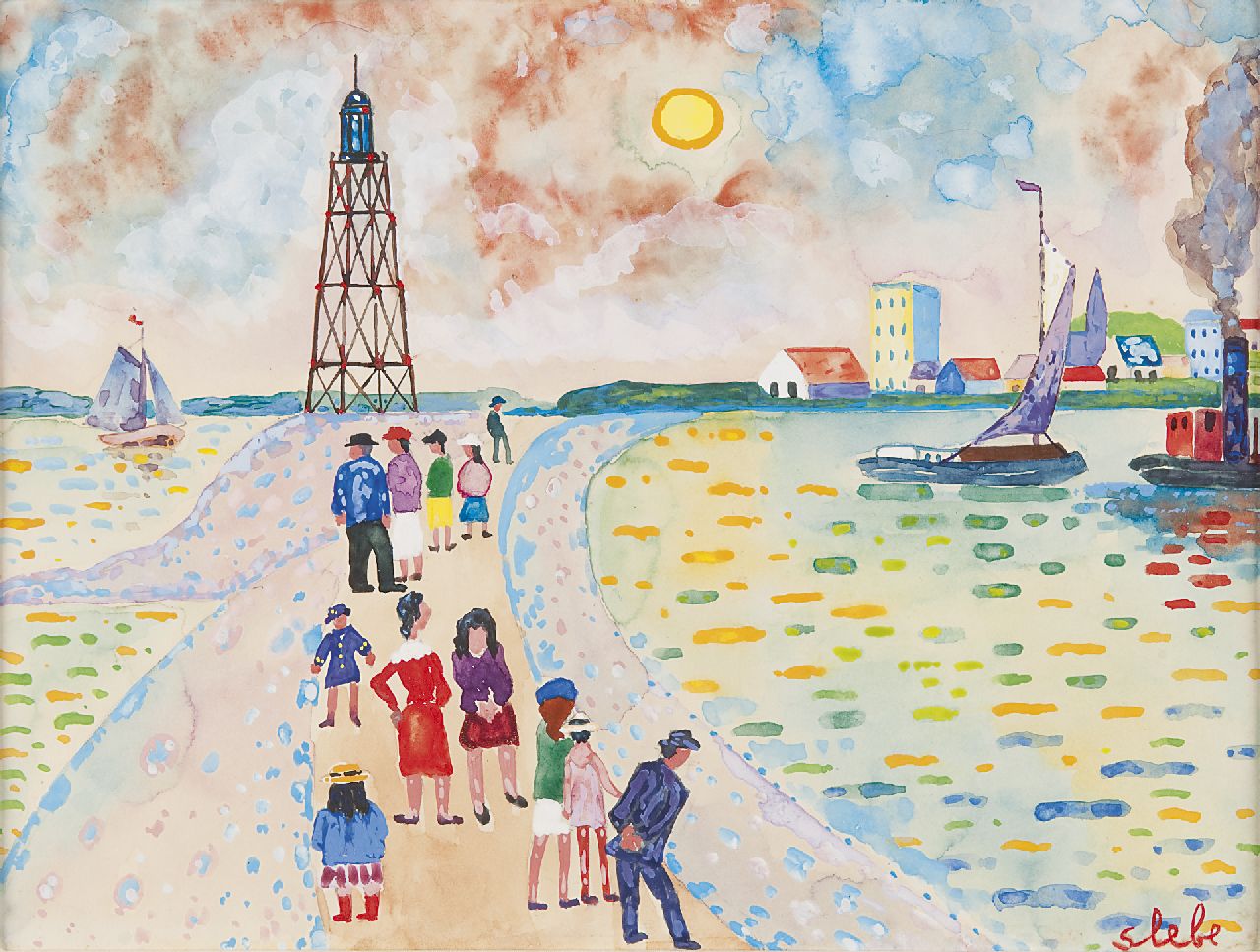 Slebe (Ferdinand Joseph Sleebe) F.  | Ferry Slebe (Ferdinand Joseph Sleebe), A stroll along the harbour, Aquarell auf Papier 25,2 x 32,6 cm, signed l.r.