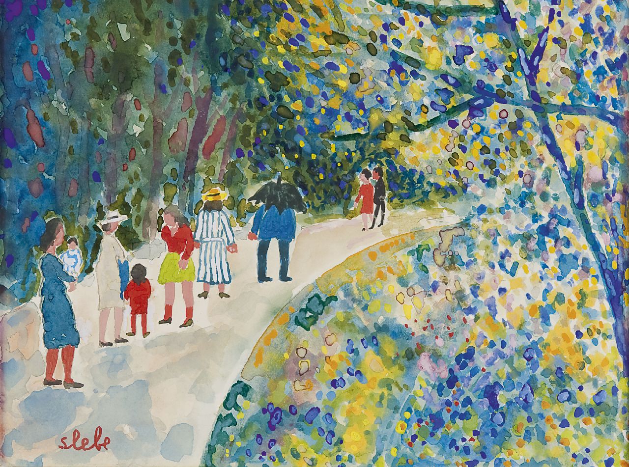 Slebe (Ferdinand Joseph Sleebe) F.  | Ferry Slebe (Ferdinand Joseph Sleebe), A stroll in the parc, Aquarell auf Papier 25,0 x 32,6 cm, signed l.l.
