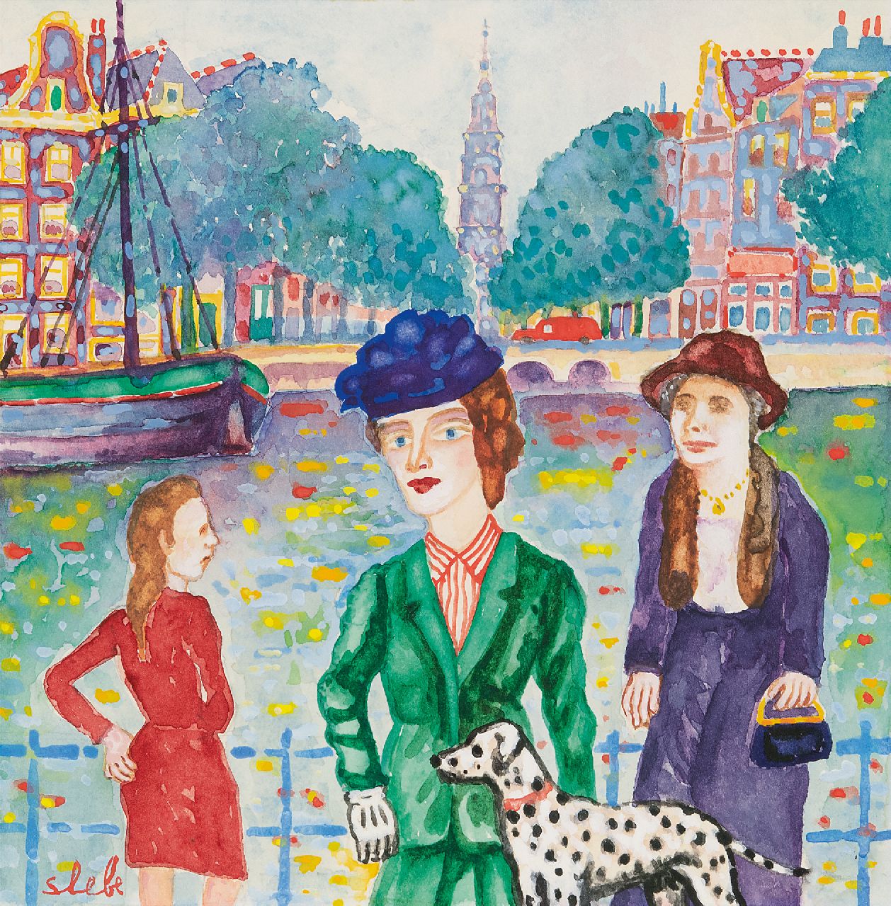 Slebe (Ferdinand Joseph Sleebe) F.  | Ferry Slebe (Ferdinand Joseph Sleebe), Drei Frauen und ein Dalmatier in Amsterdam, Aquarell auf Papier 25,4 x 25,2 cm, Unterzeichnet l.u.
