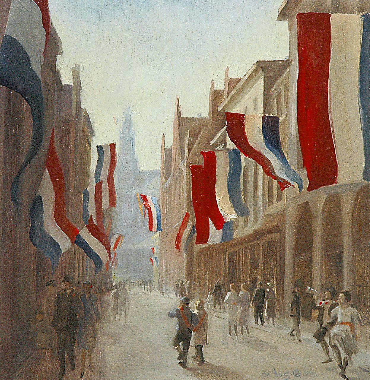 Gerbrands R.  | Roelf Gerbrands, Celebrations in Haarlem for the birth of Princess Irene, Öl auf Holz 22,4 x 22,0 cm, signed l.r. with monogram und dated 31 Aug. 1939