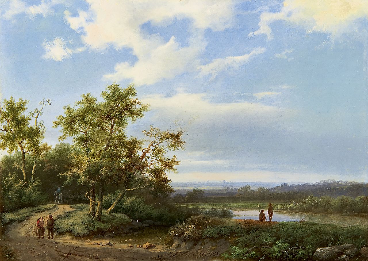 Koekkoek I M.A.  | Marinus Adrianus Koekkoek I, A river landscape with figures, Öl auf Holz 21,6 x 29,8 cm, signed l.m. und dated 1858