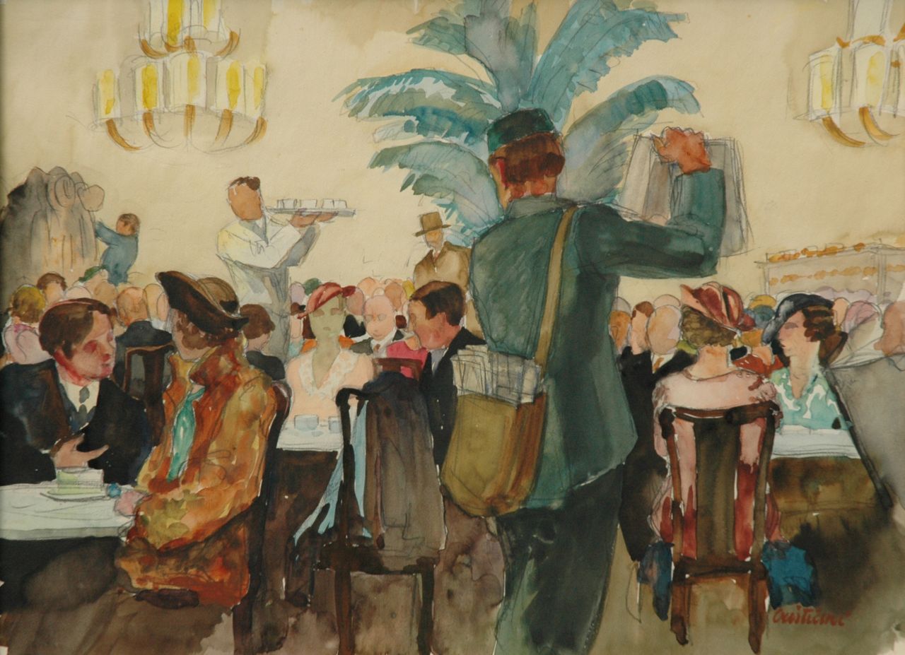 Mateo Cristiani | At the coffee house, Frankfurt, Bleistift und Aquarell auf Papier, 36,9 x 49,9 cm, signed l.r.