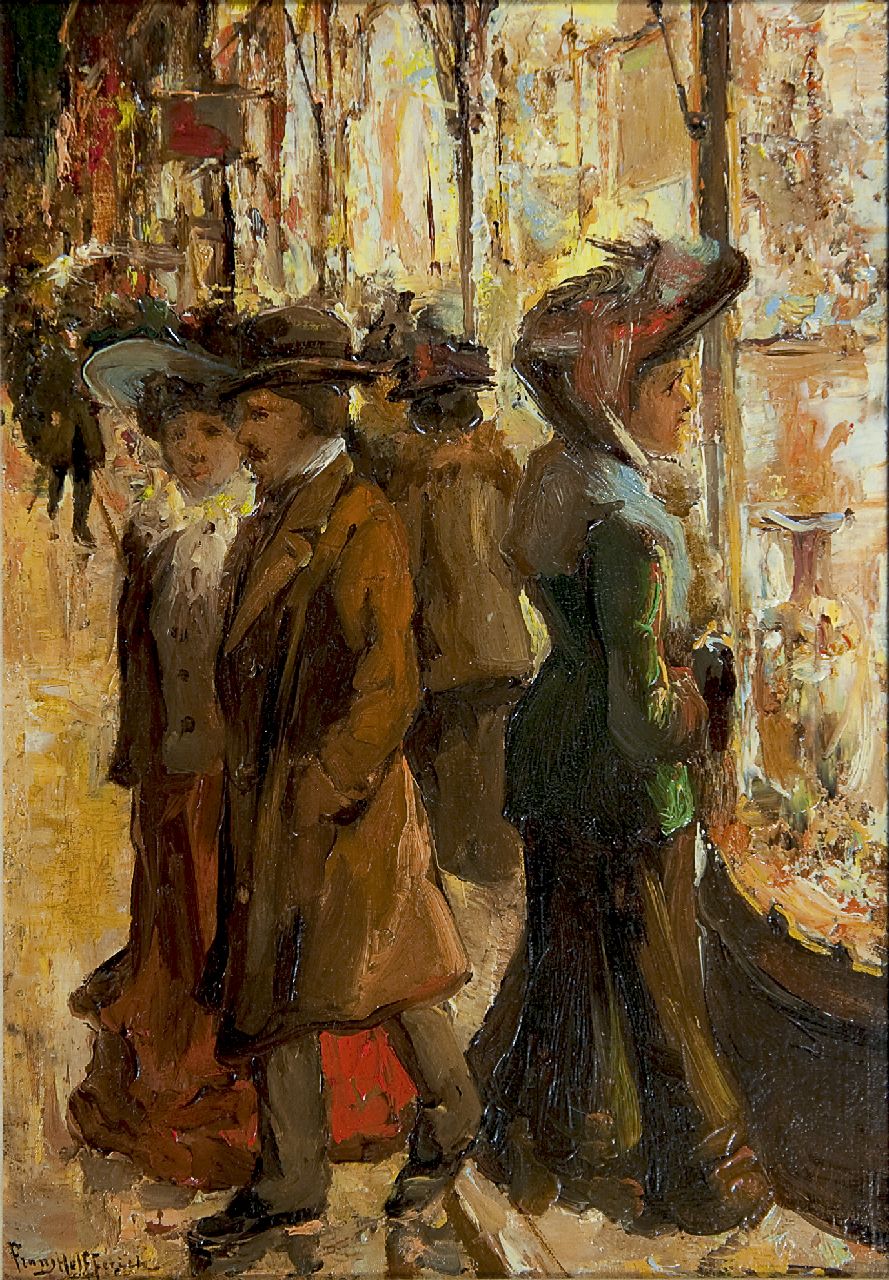 Helfferich F.W.  | Franciscus Willem 'Frans' Helfferich, Window shopping at night, Öl auf Holz 27,1 x 18,8 cm, signed l.l.