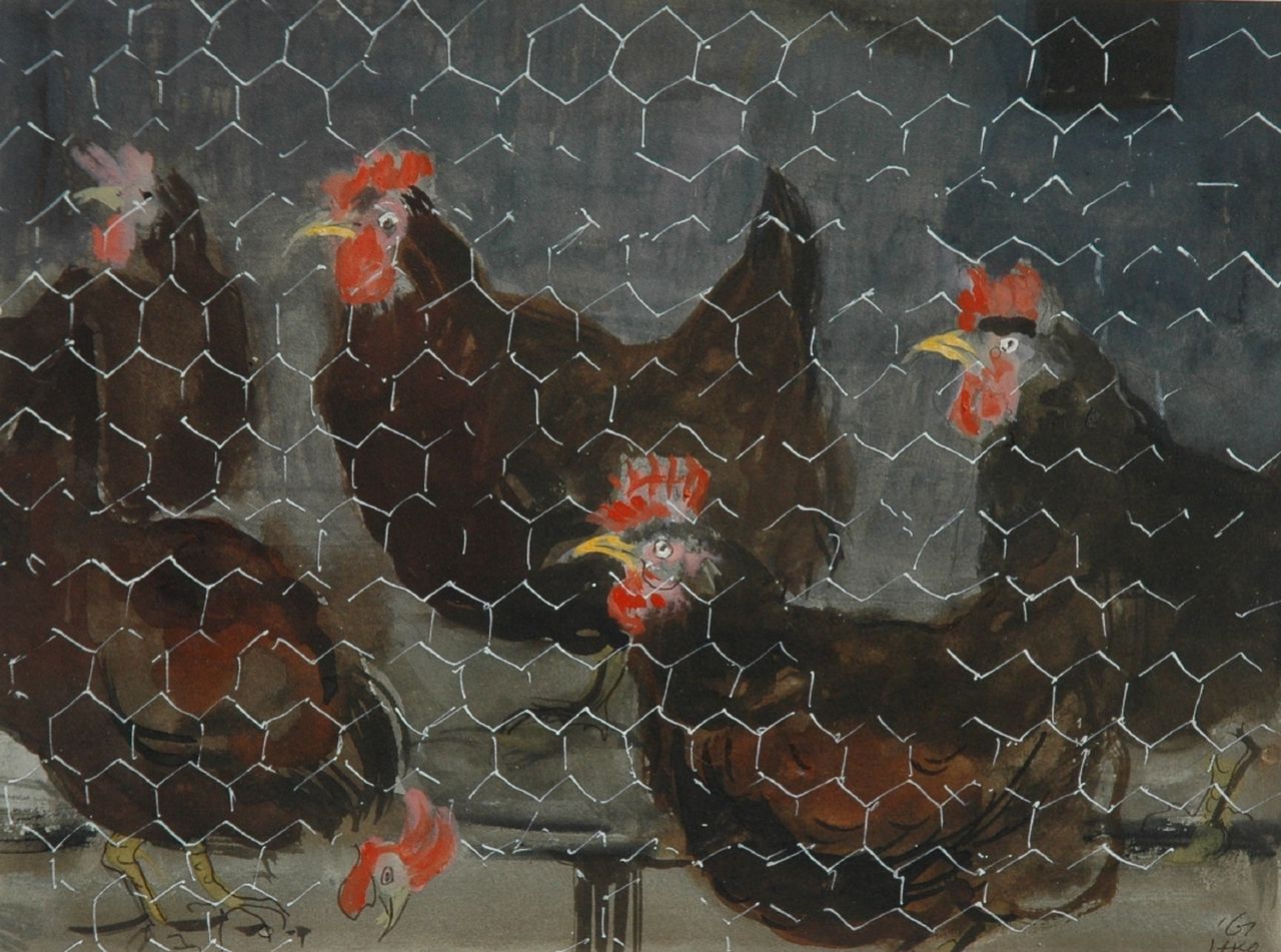 Kamerlingh Onnes H.H.  | 'Harm' Henrick Kamerlingh Onnes, Chickens, Aquarell auf Papier 18,0 x 23,5 cm, signed l.r. with monogram und dated '61
