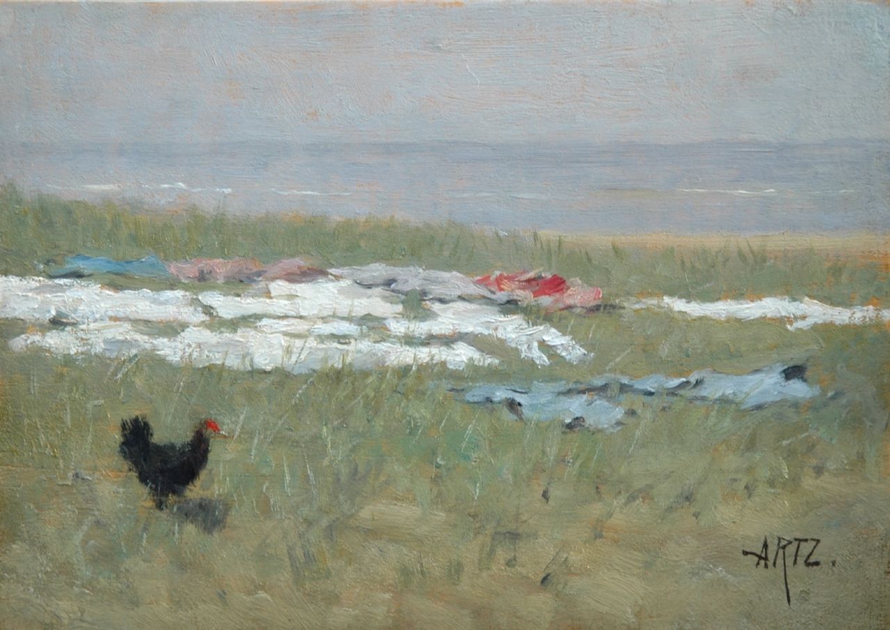 Artz D.A.C.  | David Adolphe Constant Artz, Little black chicken on a bleach field in the dunes, Öl auf Holz 17,9 x 25,0 cm, signed l.r.