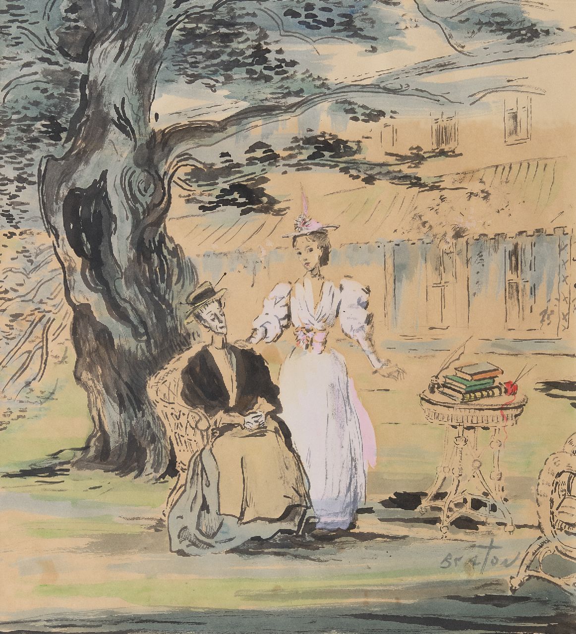 Beaton C.W.H.  | Cecil Walter Hardy Beaton | Aquarelle und Zeichnungen zum Verkauf angeboten | Szene aus dem Theaterstück The importance of being Earnest: Miss Prism und Cecily, Ausziehtusche und Aquarell auf Papier 46,5 x 49,5 cm, Unterzeichnet r.u.