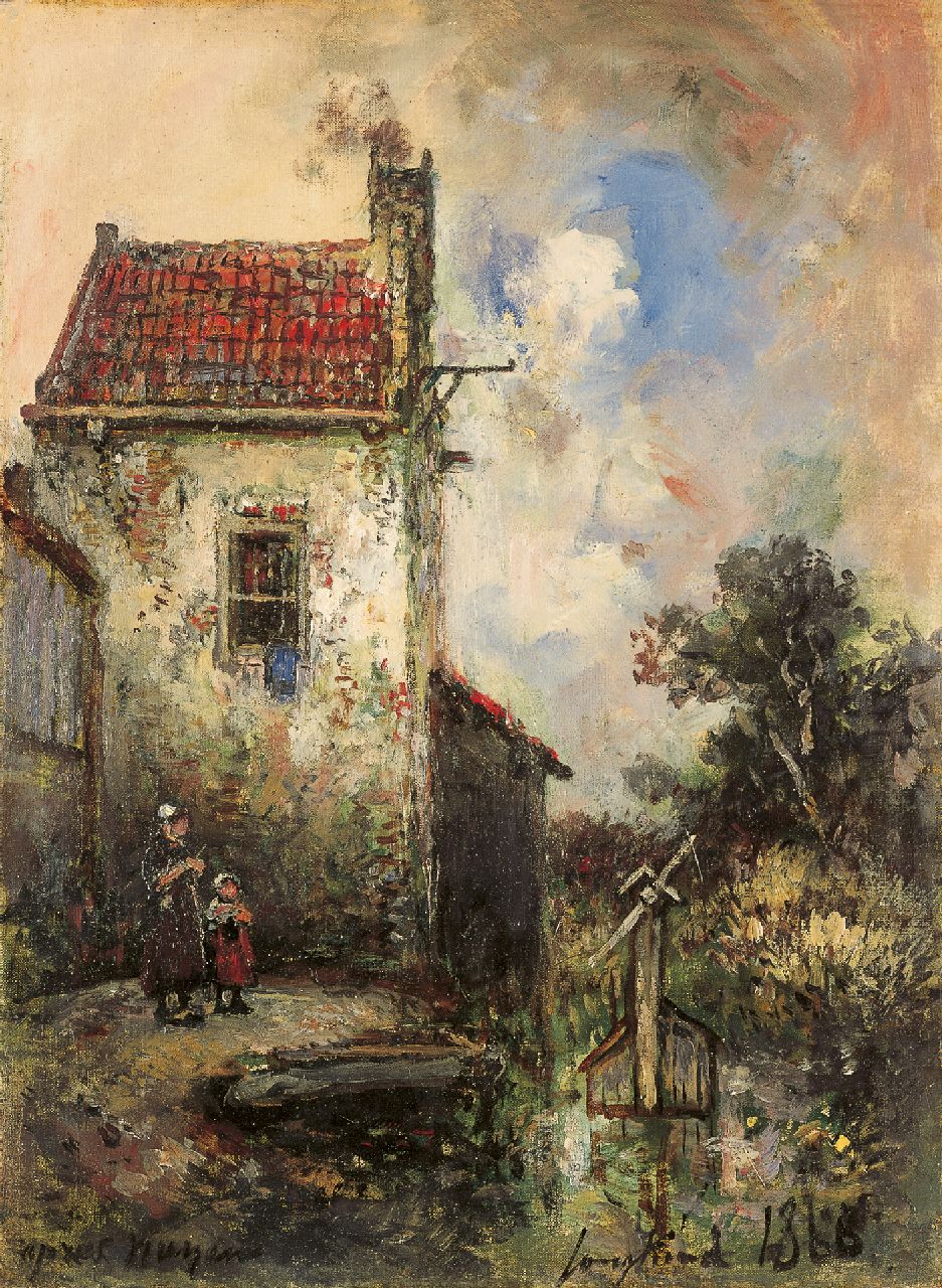 Jongkind J.B.  | Johan Barthold Jongkind, Zwei Kinder bei einem Haus, Öl auf Leinwand 33,0 x 24,8 cm, Unterzeichnet r.u. und datiert 1868