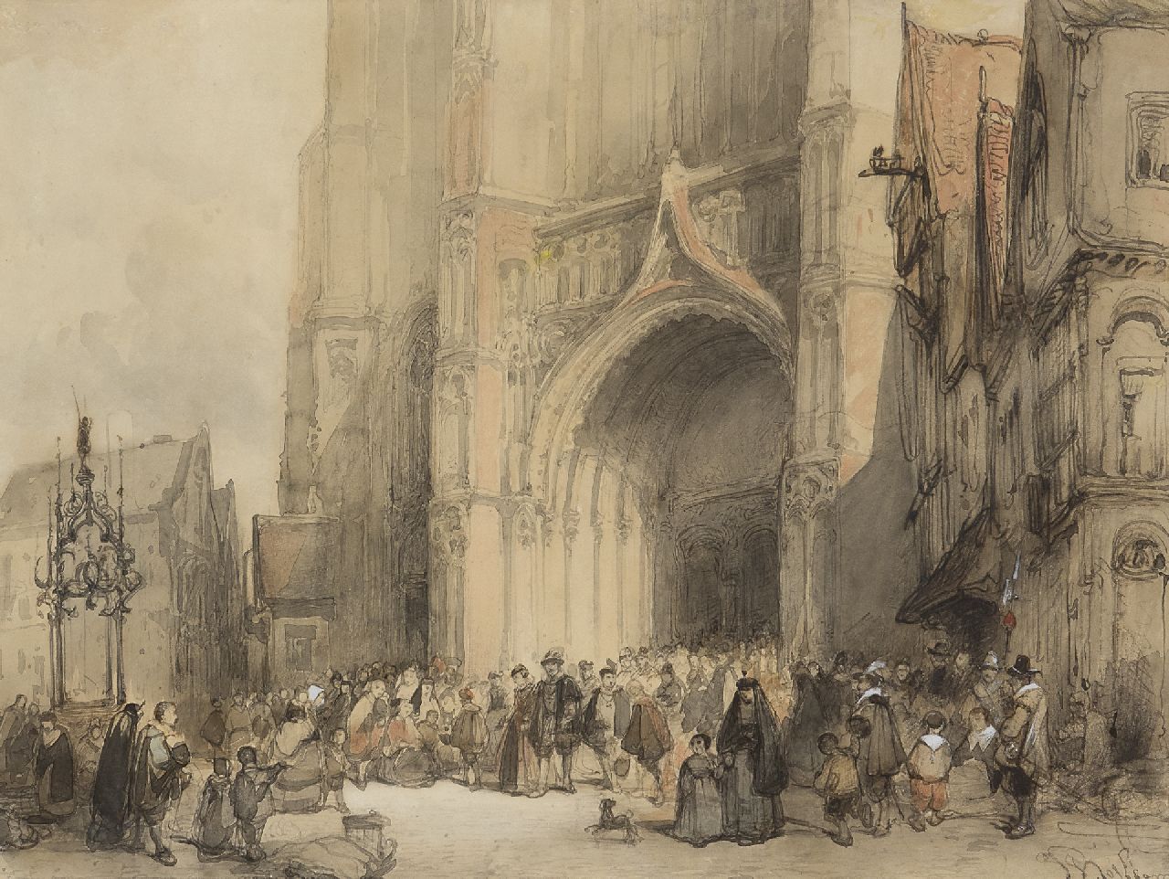 Bosboom J.  | Johannes Bosboom, Nach der Messe in der Kathedrale von Antwerpen, Tinte, Kreide und Aquarell auf Papier 30,7 x 40,7 cm, Unterzeichnet r.u.