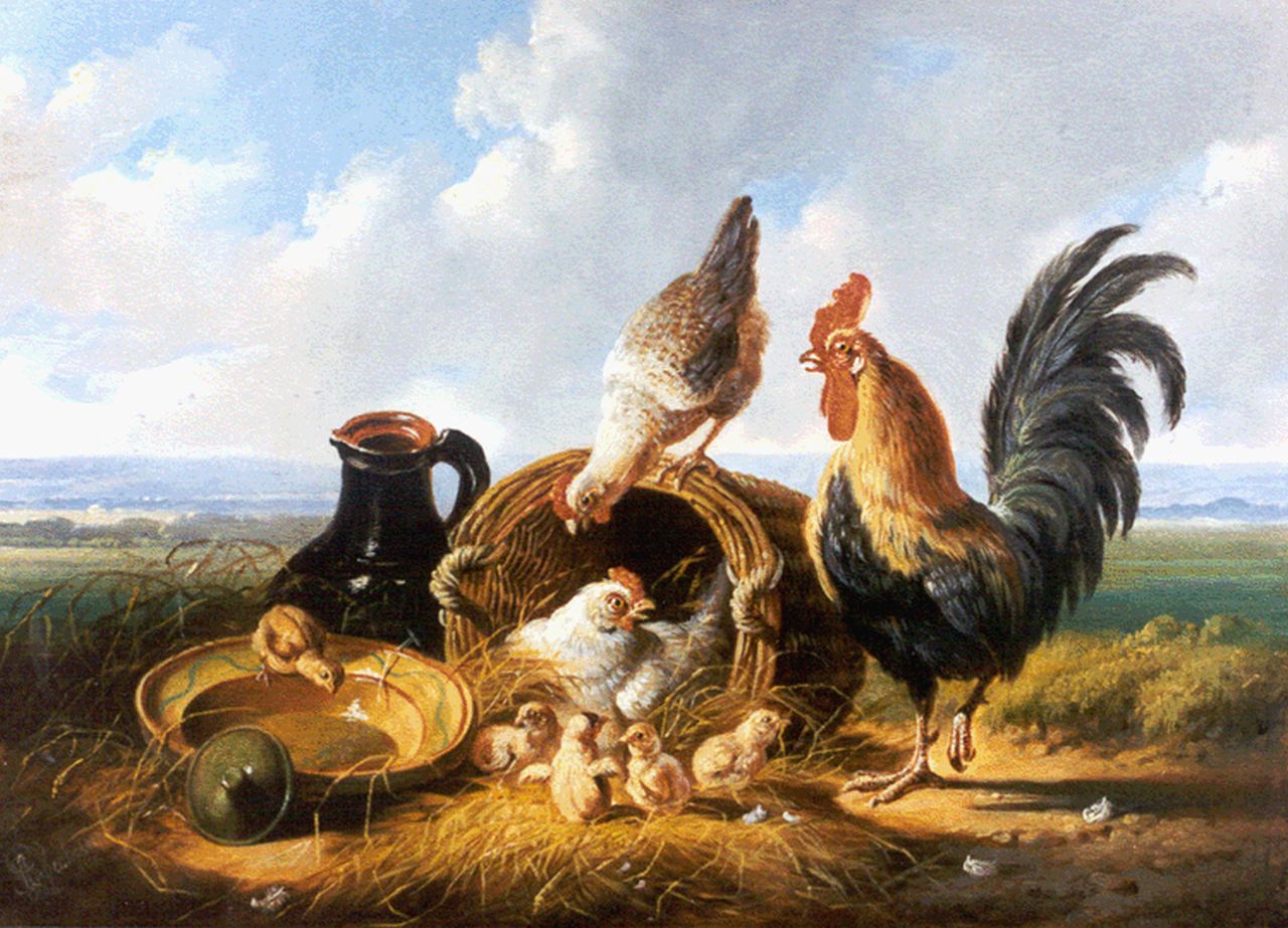 Verhoesen A.  | Albertus Verhoesen, Poultry in an extensive landscape, Öl auf Holz 17,8 x 24,3 cm, signed l.l. und dated 1879