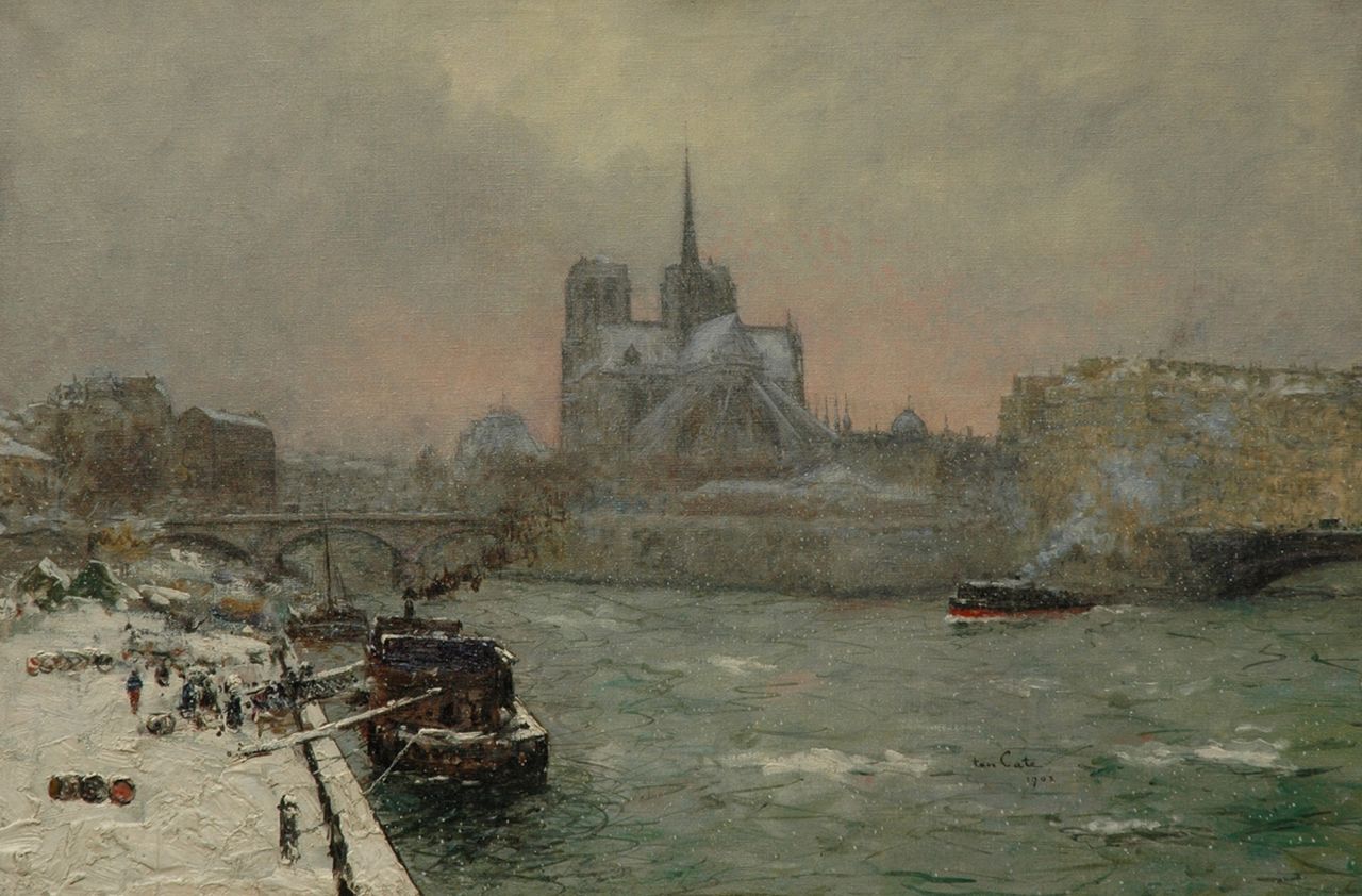 Cate S.J. ten | 'Siebe' Johannes ten Cate, Cargo ships in the snow on the river Seine, Paris, Öl auf Leinwand 68,8 x 101,8 cm, signed l.r./l.r.c. und dated 1902