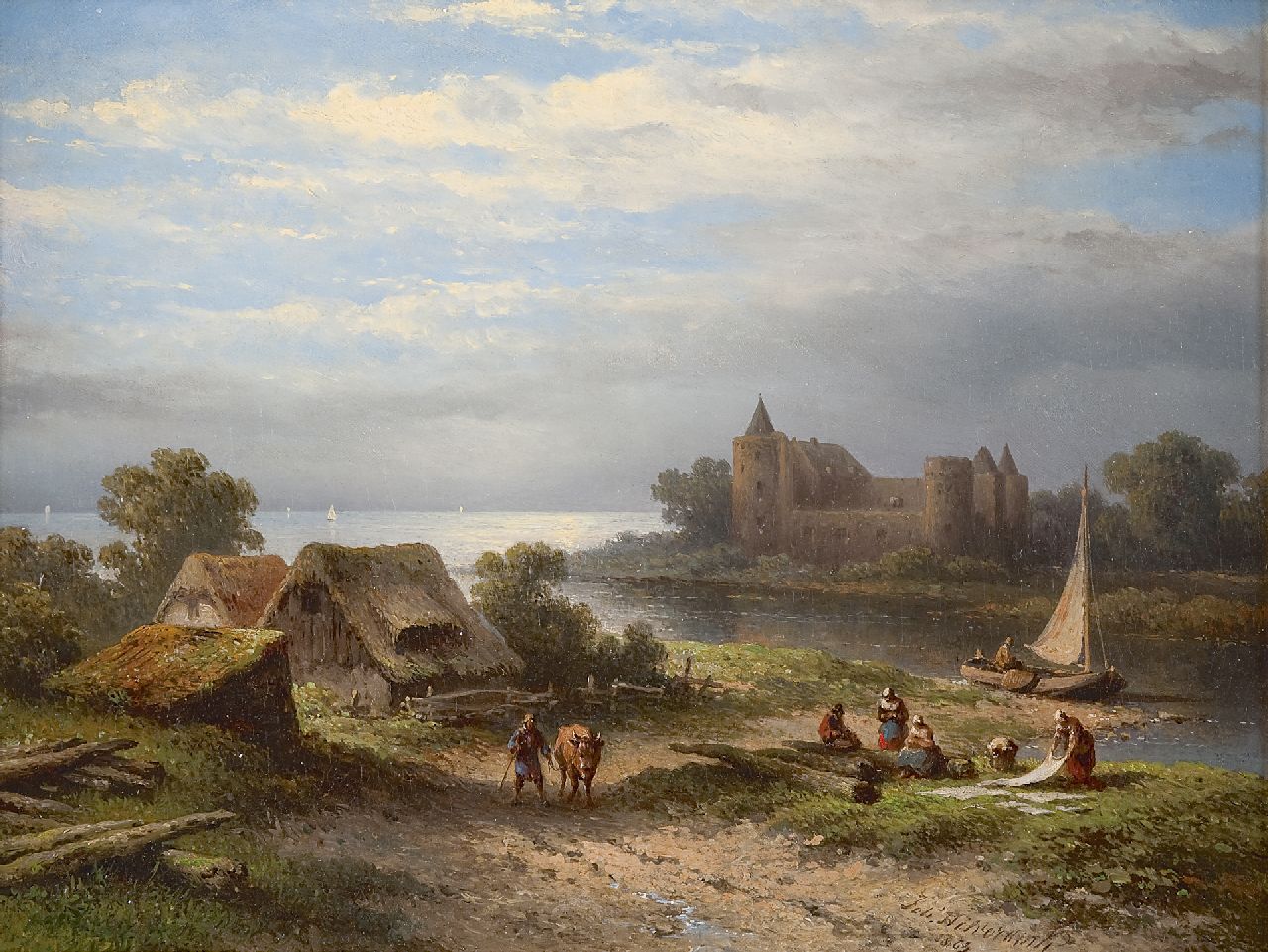 Hilverdink J.  | Johannes Hilverdink, View on the river Vecht and the Muiderslot, Öl auf Leinwand auf Holz 36,8 x 47,2 cm, signed l.r. und dated 1863