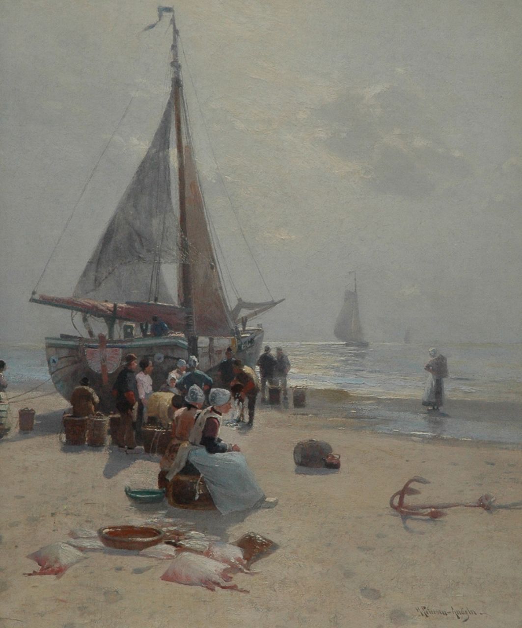 Petersen-Angeln H.  | Heinrich Wilhelm Petersen-Angeln, The fish auction, Egmond, Öl auf Leinwand 112,0 x 90,4 cm, signed l.r. und painted between 1893-1895