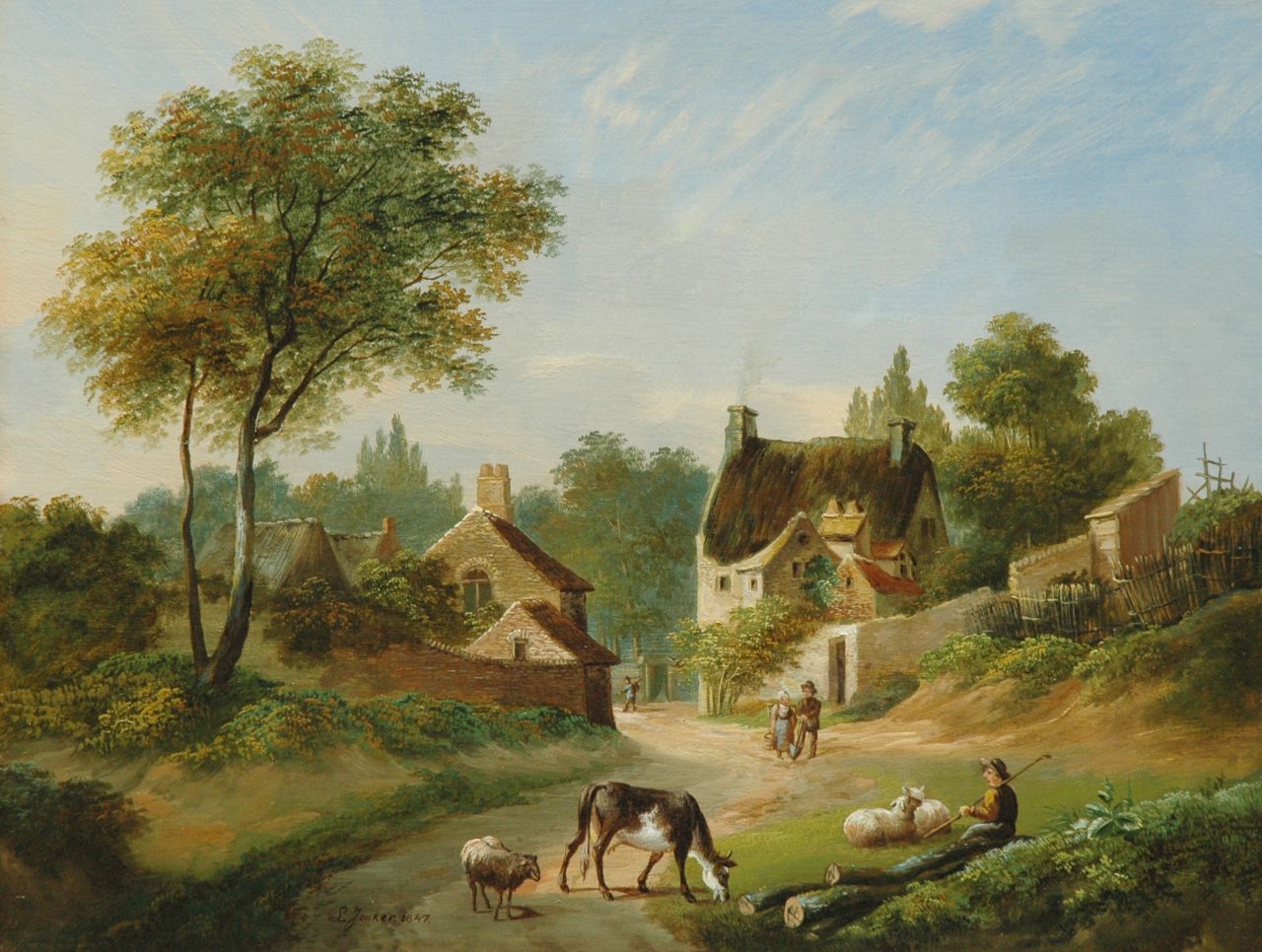 Jonker L.  | Leendert Jonker, A village road with landfolk and a shepherd, Öl auf Holz 32,1 x 41,9 cm, signed l.o.t.c. und dated 1847