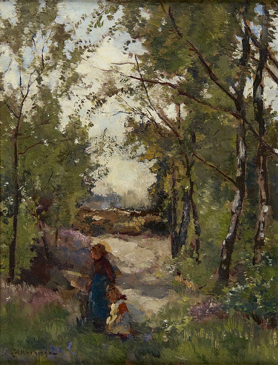Akkeringa J.E.H.  | 'Johannes Evert' Hendrik Akkeringa, At mothers hand through the forest, Öl auf Leinwand 33,3 x 24,6 cm, signed l.l.