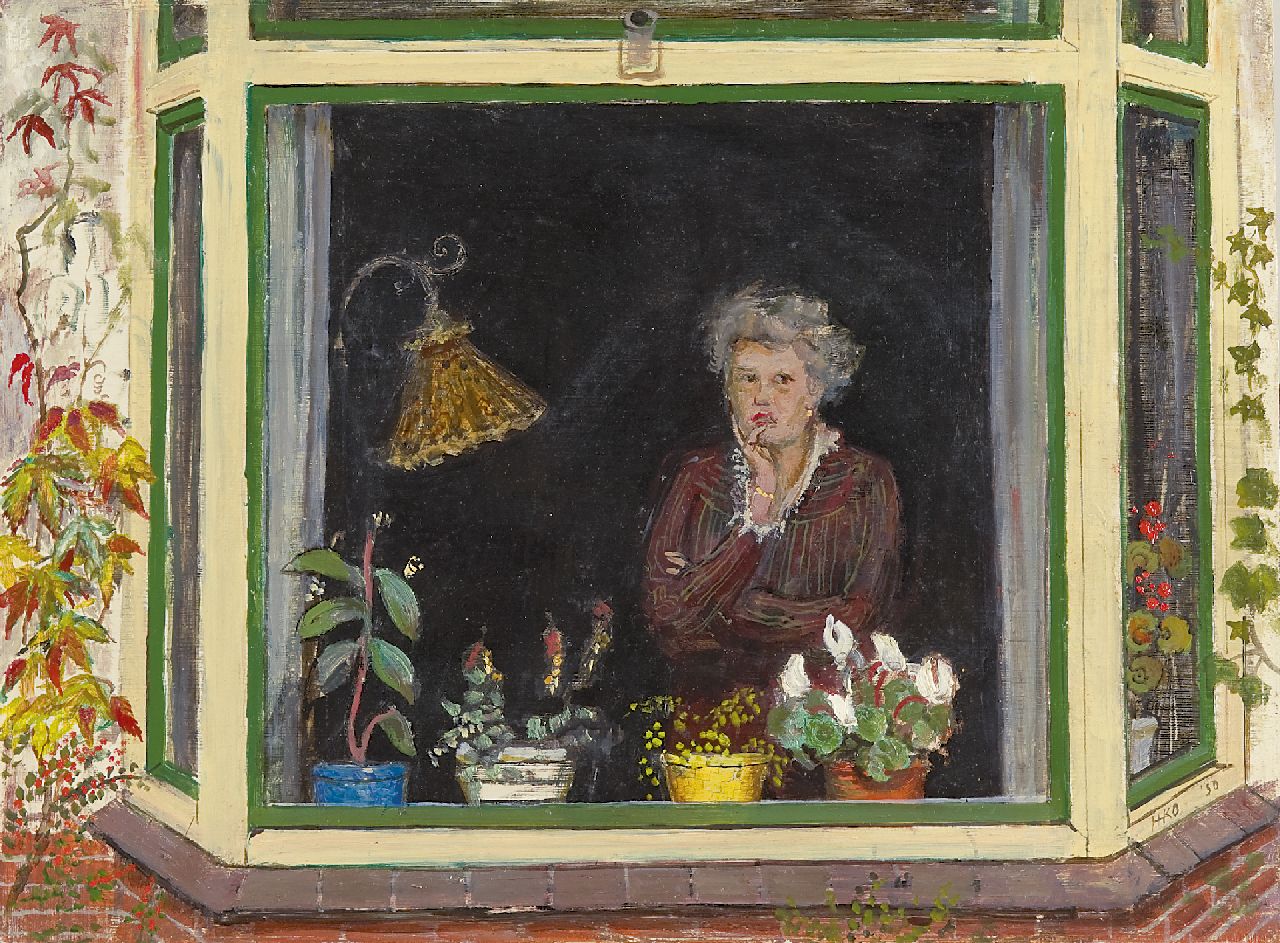 Kamerlingh Onnes H.H.  | 'Harm' Henrick Kamerlingh Onnes, A woman in an bay window, Öl auf Holzfaser 30,2 x 40,0 cm, signed l.r. with monogram und dated '50