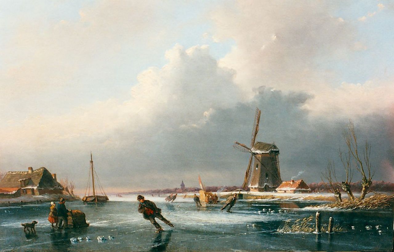 Meijier A.A. de | Anthony Andreas de Meijier, Skaters on the ice near a windmill, Öl auf Holz 24,0 x 36,5 cm