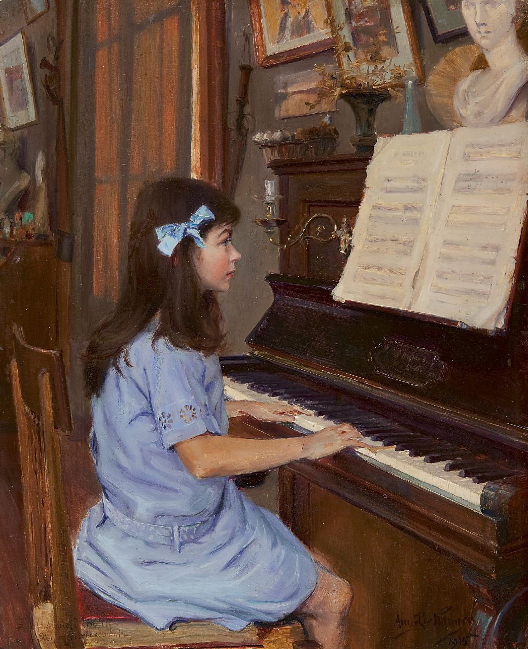 Auguste Bellanger | Studying at the piano, Öl auf Holz, 40,9 x 32,6 cm, signed l.r. und datiert 1915