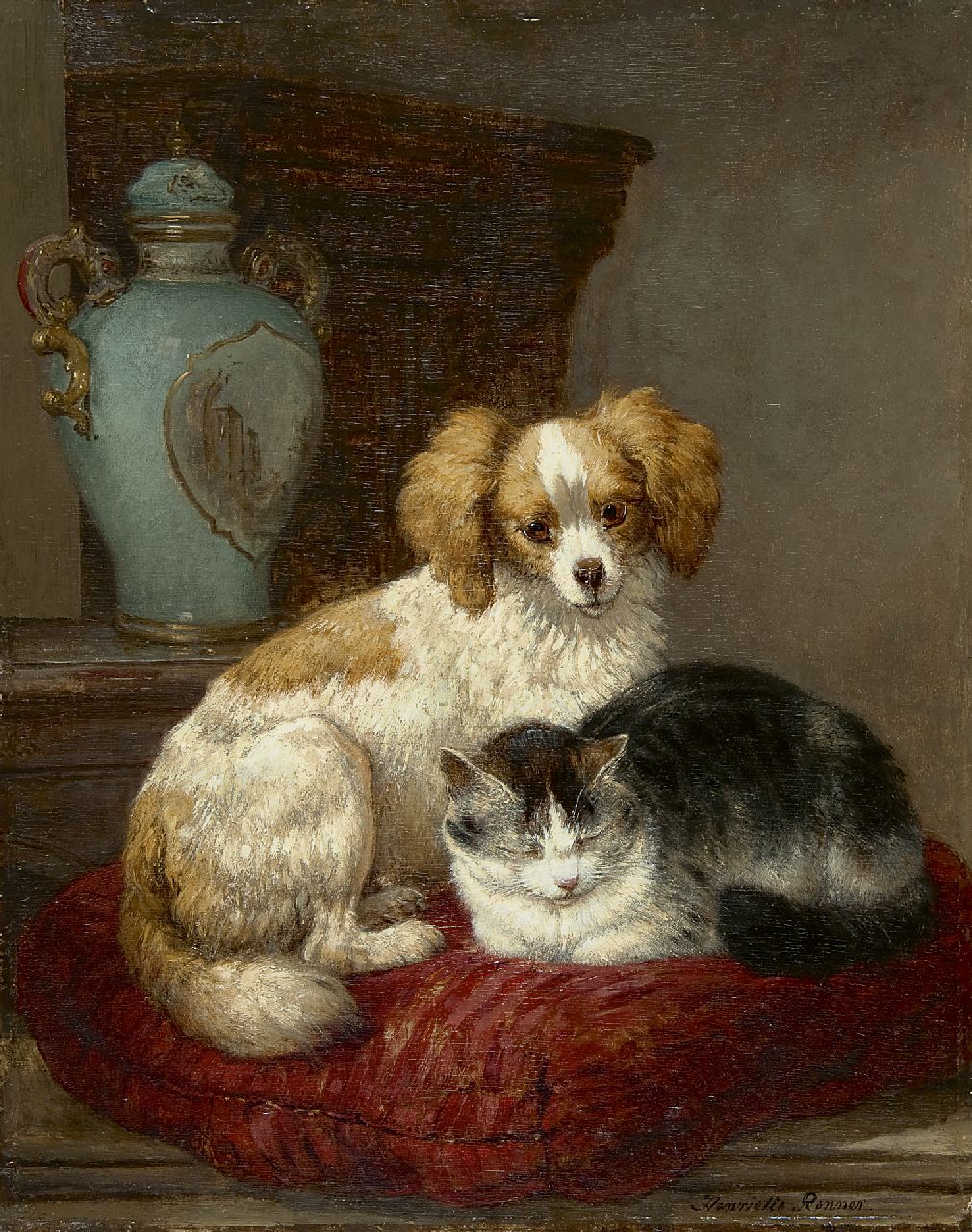 Ronner-Knip H.  | Henriette Ronner-Knip, Die besten Freunde, Öl auf Holz 45,9 x 36,7 cm, Unterzeichnet r.u.