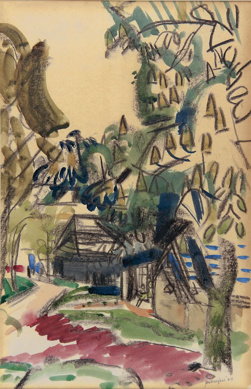 Wiegers J.  | Jan Wiegers, Country road with houses and trees, Schwarze Kreide und Aquarell auf Papier 38,4 x 25,2 cm, signed l.r. und dated '56