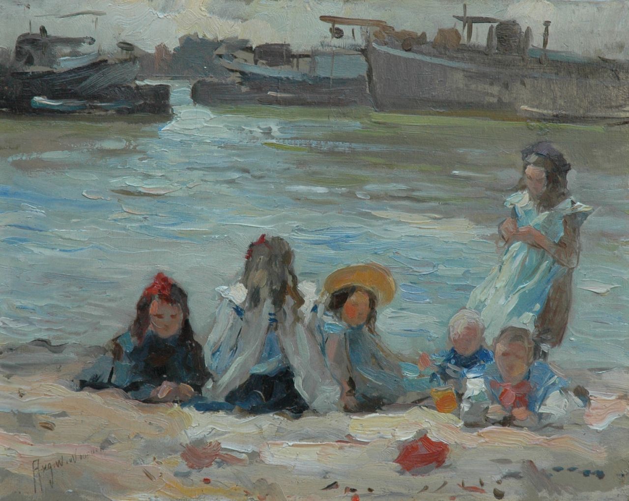 Voorden A.W. van | August Willem van Voorden, Spielende Kinder am Ufer, Öl auf Holz 27,2 x 34,2 cm, Unterzeichnet u.l.
