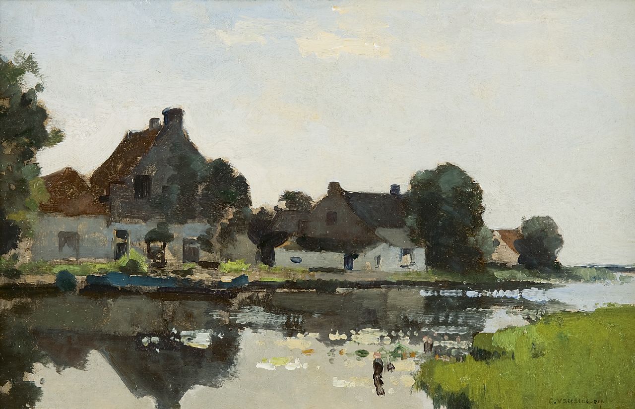 Vreedenburgh C.  | Cornelis Vreedenburgh, Farm houses along the canal, Öl auf Holz 24,0 x 37,5 cm, signed l.r.