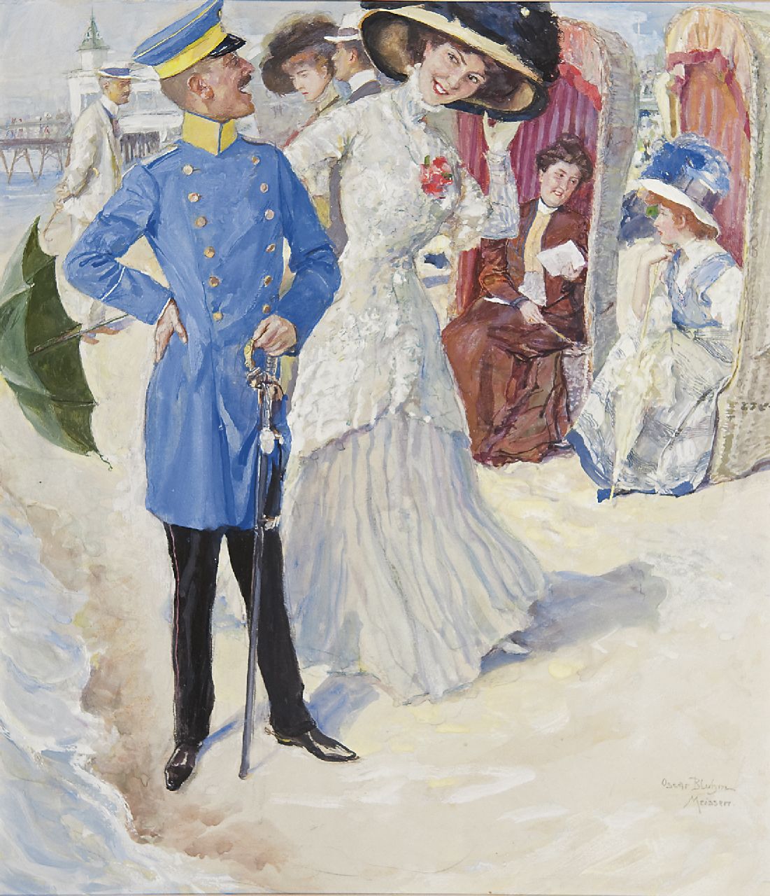 Oskar Arthur Bluhm | Meeting on the beach, Kreide und Gouache auf Papier, 37,0 x 32,2 cm, signed l.r. und te dateren ca. 1909