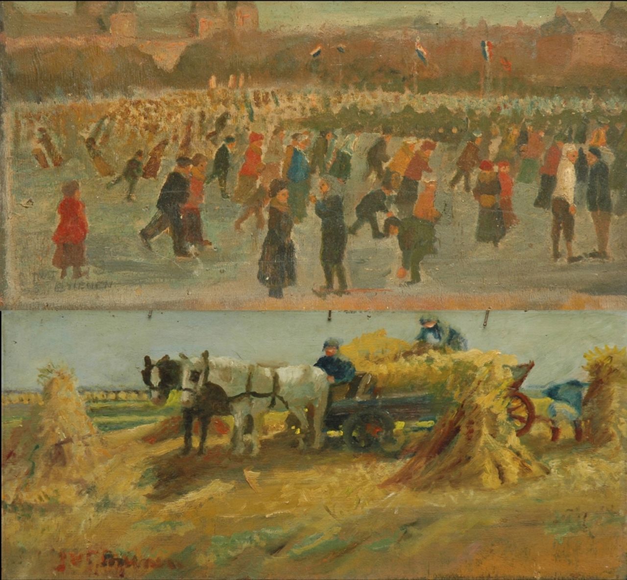 Brienen J.  | Jos Brienen, Skaters on the Museumplein in Amsterdam; on the reverse: Harvesting, Öl auf Holz 28,5 x 54,3 cm, signed l.l. and on the reverse