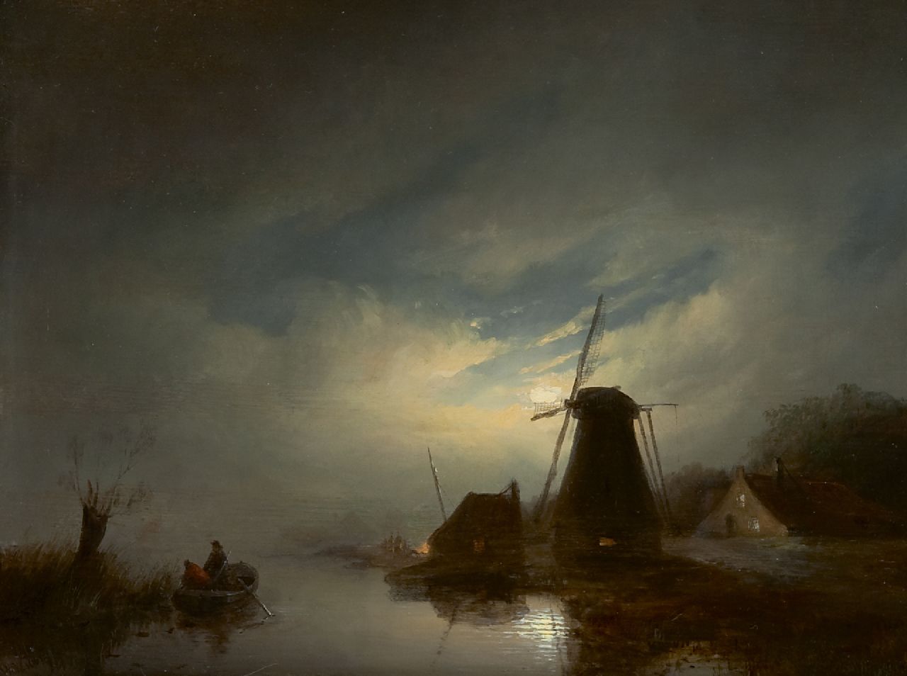Vester W.  | Willem Vester | Gemälde zum Verkauf angeboten | Flusslandschaft mit Mühle im Mondlicht, Öl auf Tafel 28,1 x 37,2 cm, Unterzeichnet l.u.