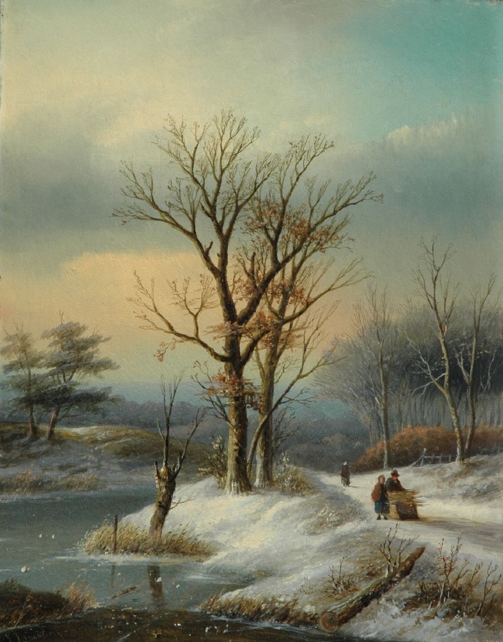 Spohler J.J.  | Jan Jacob Spohler, Figures with a sledge on a snowy path, Öl auf Leinwand 38,6 x 30,7 cm