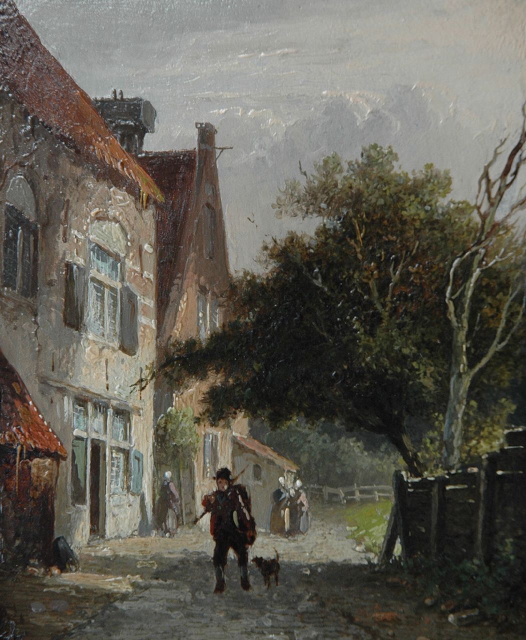 Eversen A.  | Adrianus Eversen, A man and dog in a sunny village street, Öl auf Holz 12,9 x 10,9 cm, signed l.l. with monogram