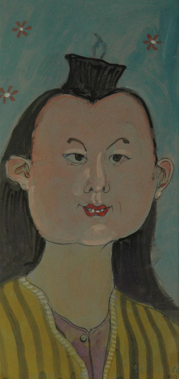 Kamerlingh Onnes H.H.  | 'Harm' Henrick Kamerlingh Onnes, Asian lady, Feder, Tinte, Kugelschreiber und Aquarell auf Papier 32,4 x 15,7 cm, signed l.r. with monogram und dated '68