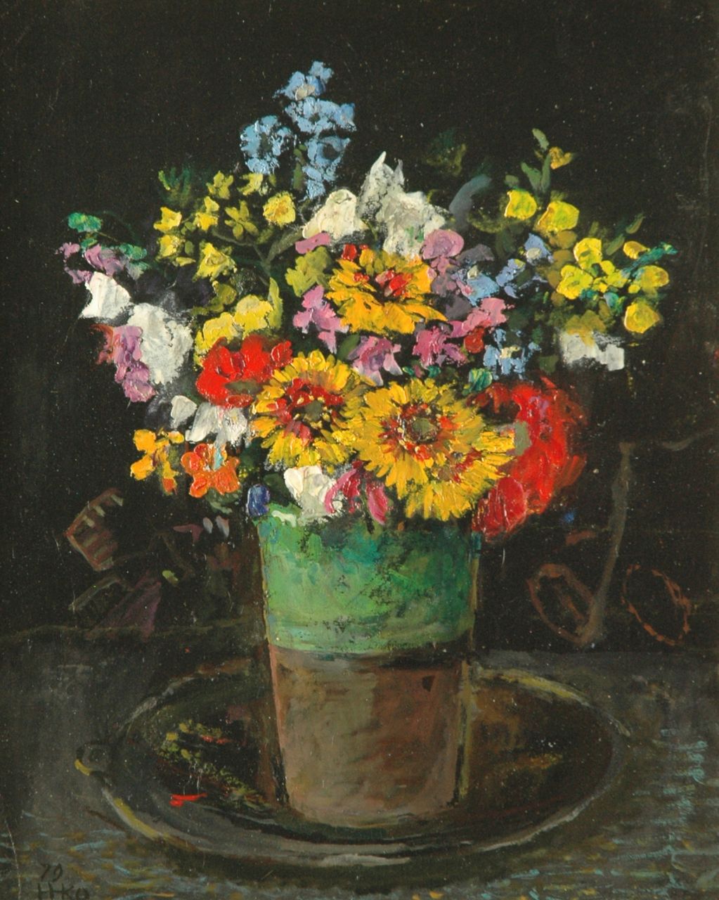 Kamerlingh Onnes H.H.  | 'Harm' Henrick Kamerlingh Onnes, A colourful bouquet in a green vase, Öl auf Holzfaser 34,5 x 28,0 cm, signed l.l. with monogram und dated '79