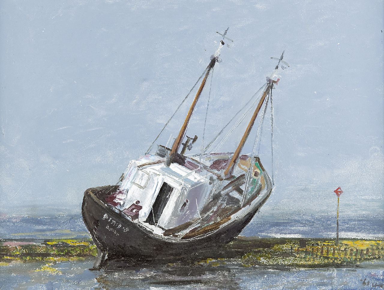 Kamerlingh Onnes H.H.  | 'Harm' Henrick Kamerlingh Onnes, A jammed fishingboat, Öl auf Holzfaser 30,7 x 40,7 cm, signed l.r. with monogram und dated '61