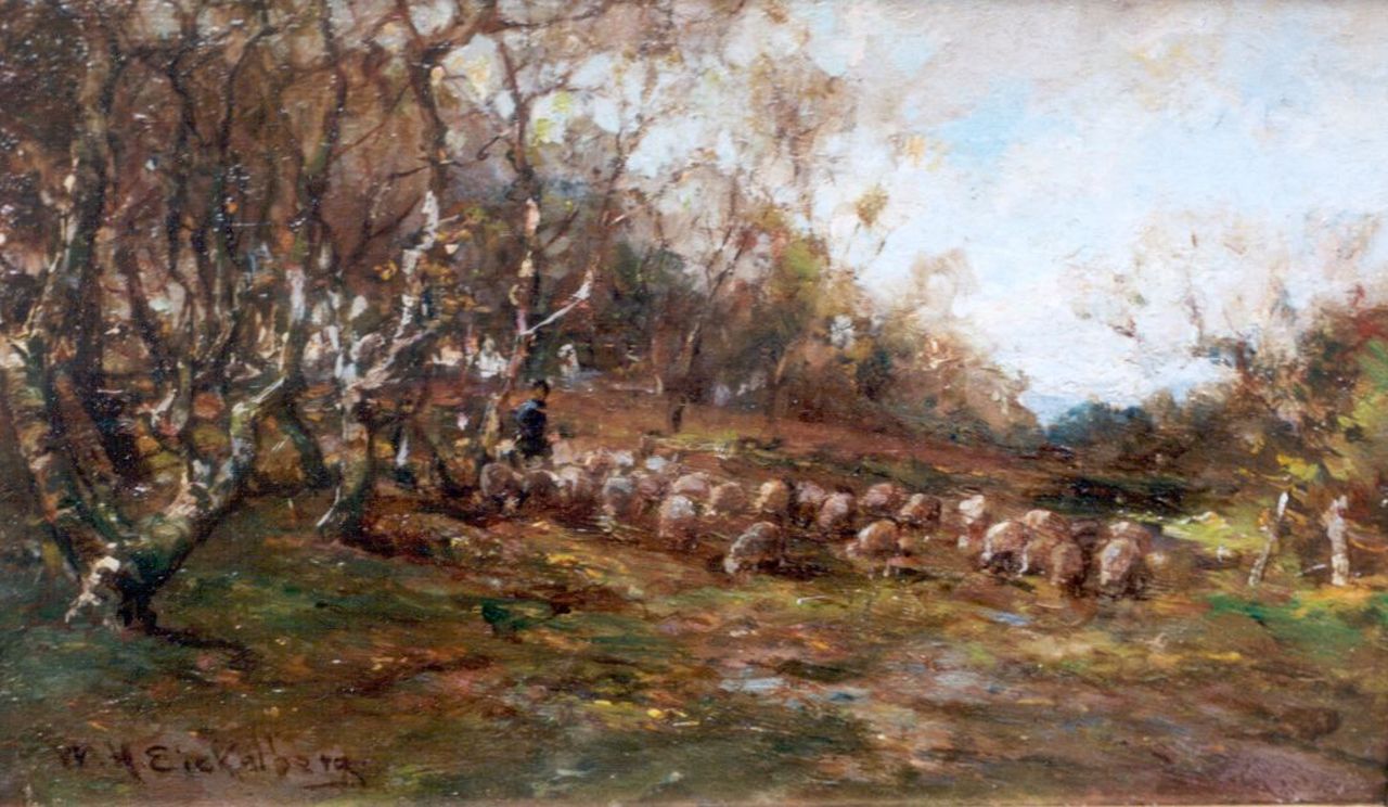 Eickelberg W.H.  | Willem Hendrik Eickelberg, A shepherd with his flock, Öl auf Holz 12,8 x 21,5 cm, signed signed l.l.