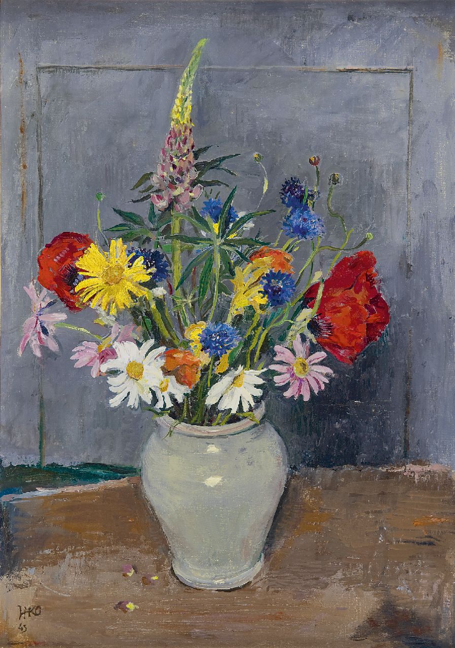 Kamerlingh Onnes H.H.  | 'Harm' Henrick Kamerlingh Onnes, Summer flowers in a grey vase, Öl auf Leinwand  auf Holzfaser 44,0 x 32,0 cm, signed l.l. with monogram und dated '43