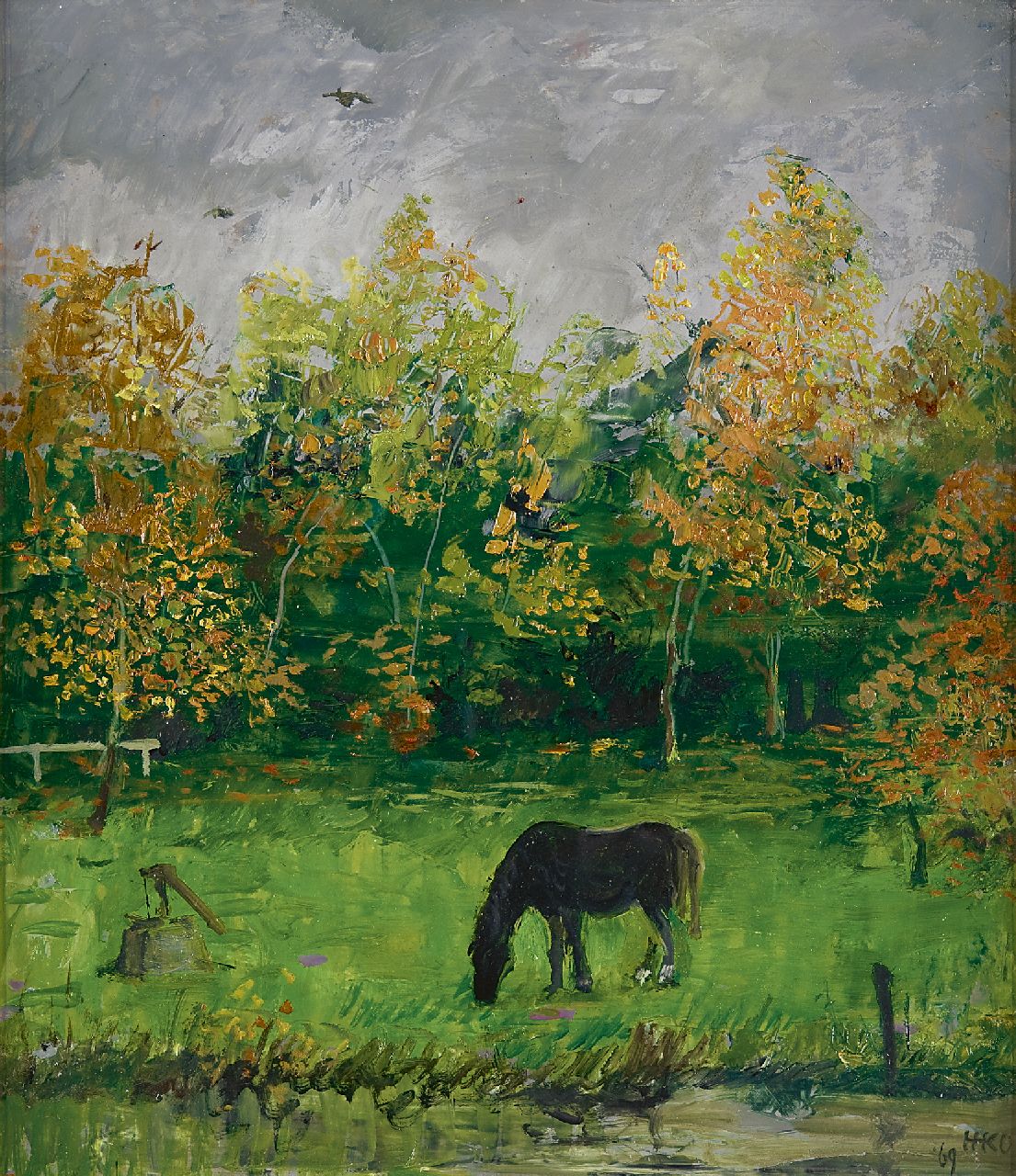 Kamerlingh Onnes H.H.  | 'Harm' Henrick Kamerlingh Onnes, A grazing black horse, Öl auf Holzfaser 36,8 x 32,4 cm, signed l.r. with monogram und dated '69