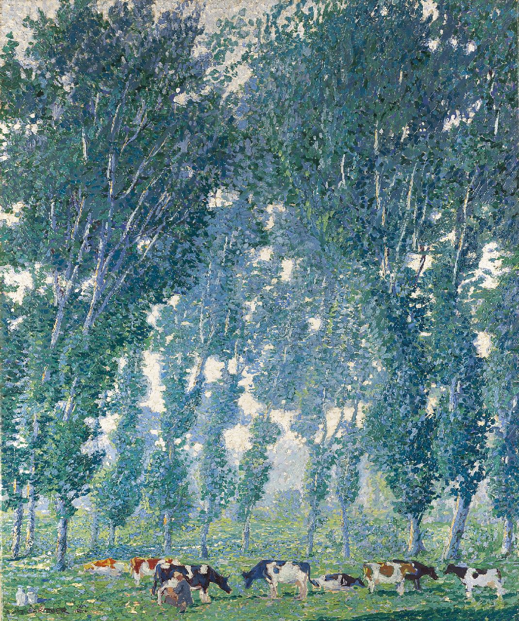Gärtner F.A.  | Friedrich Anton 'Fritz' Gärtner, Morning hours; cows under poplar trees on the Nederrijn, Öl auf Leinwand 90,3 x 75,7 cm, signed l.l. und dated 1916