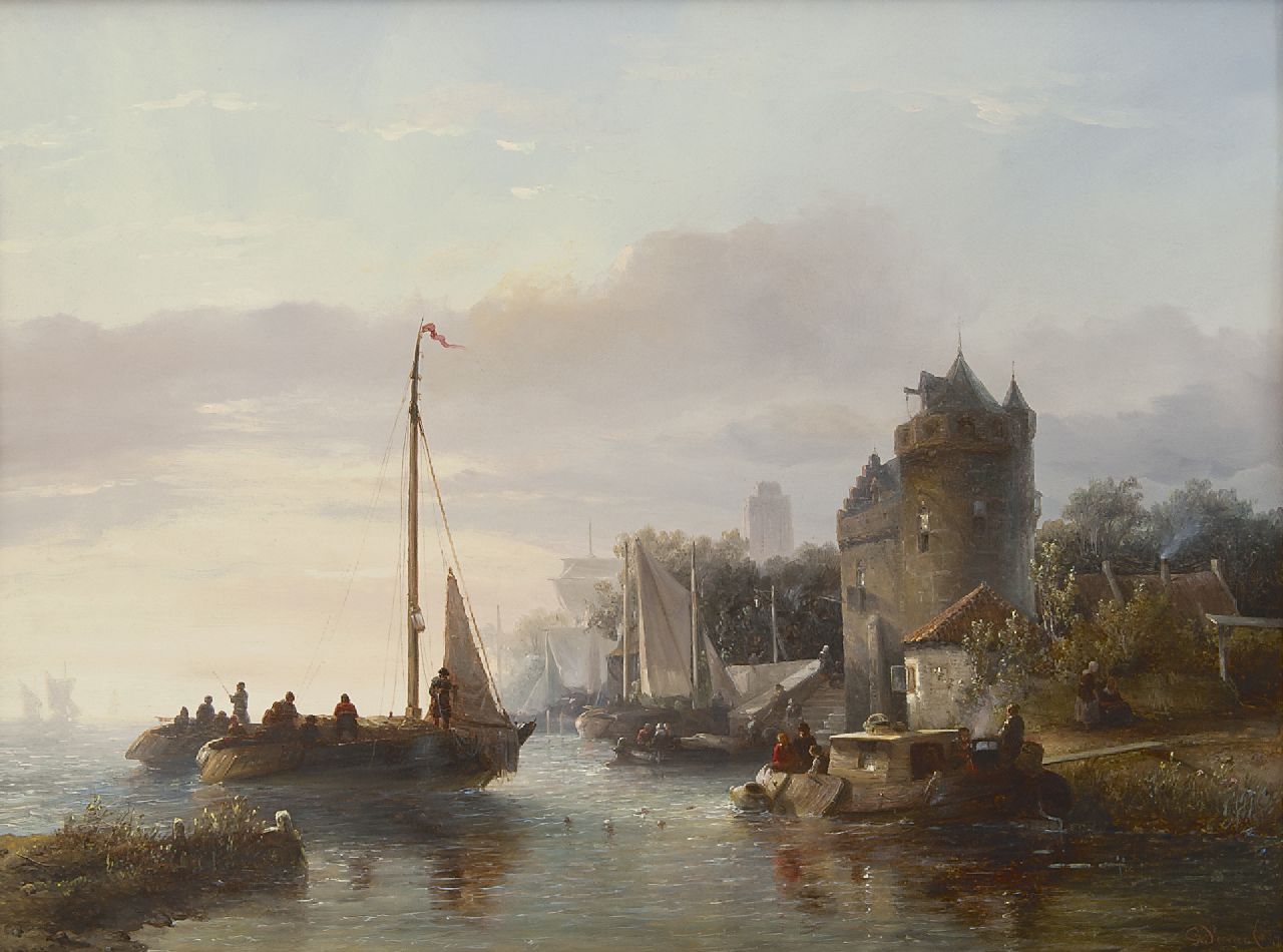 Verveer S.L.  | 'Salomon' Leonardus Verveer, Betriebsamkeit auf dem Fluss mit in der Ferne die Grote Kerk von Dordrecht, Öl auf Holz 42,8 x 57,9 cm, Unterzeichnet r.u. und datiert '47