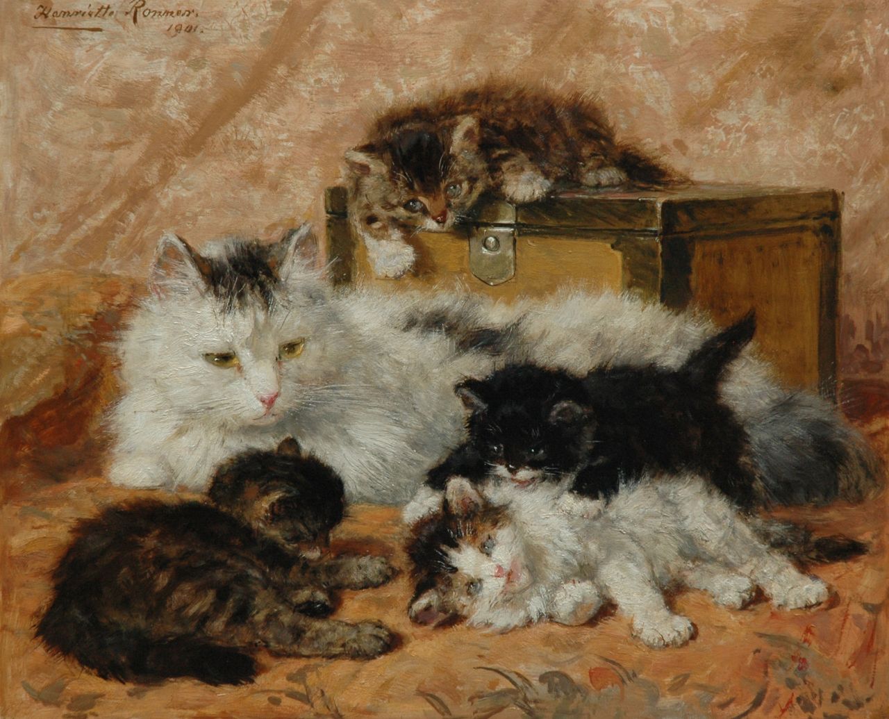 Ronner-Knip H.  | Henriette Ronner-Knip, The happy mother, Öl auf Holz 37,5 x 46,0 cm, signed u.l. und dated 1901