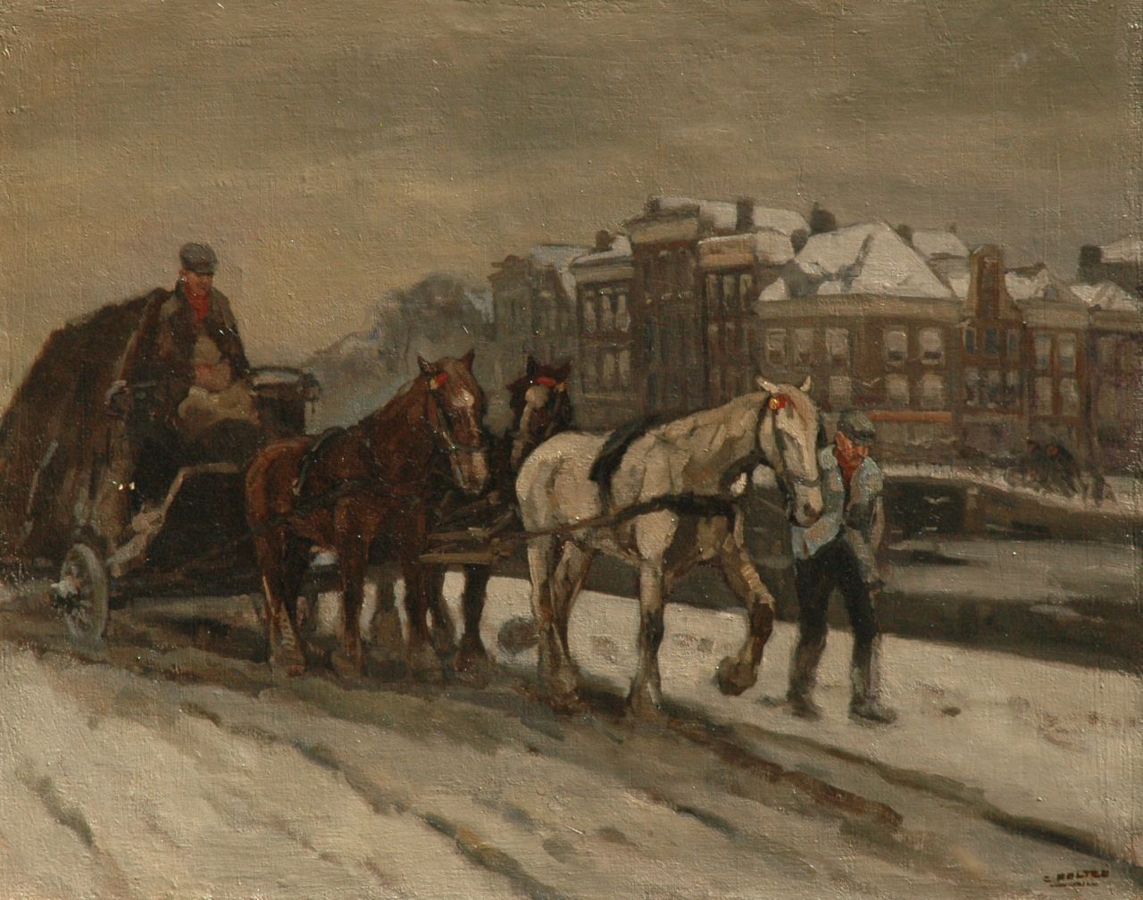 Noltee B.C.  | Bernardus Cornelis 'Cor' Noltee, A horse-drawn cart in the snow in Amsterdam, Öl auf Leinwand 80,8 x 101,0 cm, signed l.r.
