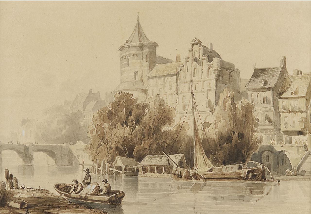 Cornelis Springer | Geschäftigkeit am Fluss, Sepia auf Papier, 14,0 x 20,4 cm, Unterzeichnet l.u. mit Monogramm und zu datieren um 1840-1845