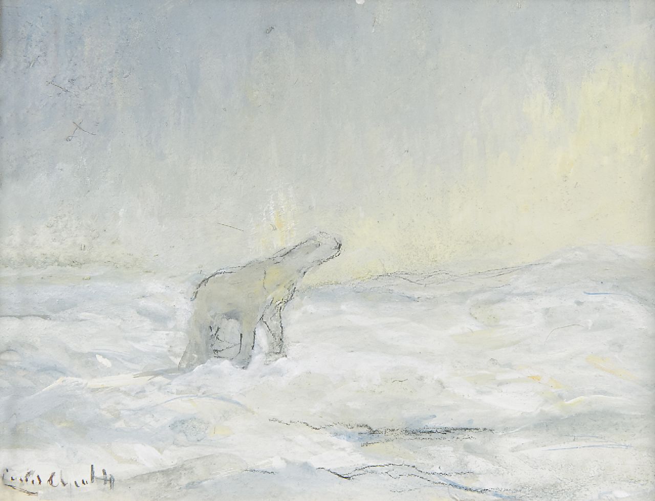 Apol L.F.H.  | Lodewijk Franciscus Hendrik 'Louis' Apol, A polar bear on the North Pole, Gouache auf Papier 10,9 x 14,3 cm, Unterzeichnet l.u. und zu datieren 1935-1936