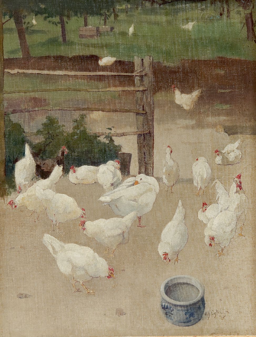 Ligtelijn E.J.  | Evert Jan Ligtelijn, Eine Gans und Hühner auf dem Hof, Öl auf Leinwand auf Holz 43,6 x 33,5 cm, Unterzeichnet r.u.