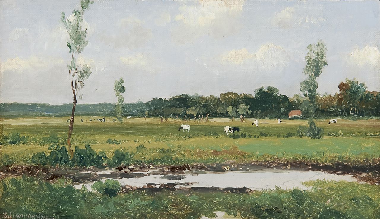 Weissenbruch H.J.  | Hendrik Johannes 'J.H.' Weissenbruch, A Dutch landscape with cows, Öl auf Leinwand auf Holz 15,8 x 26,9 cm, signed l.l.
